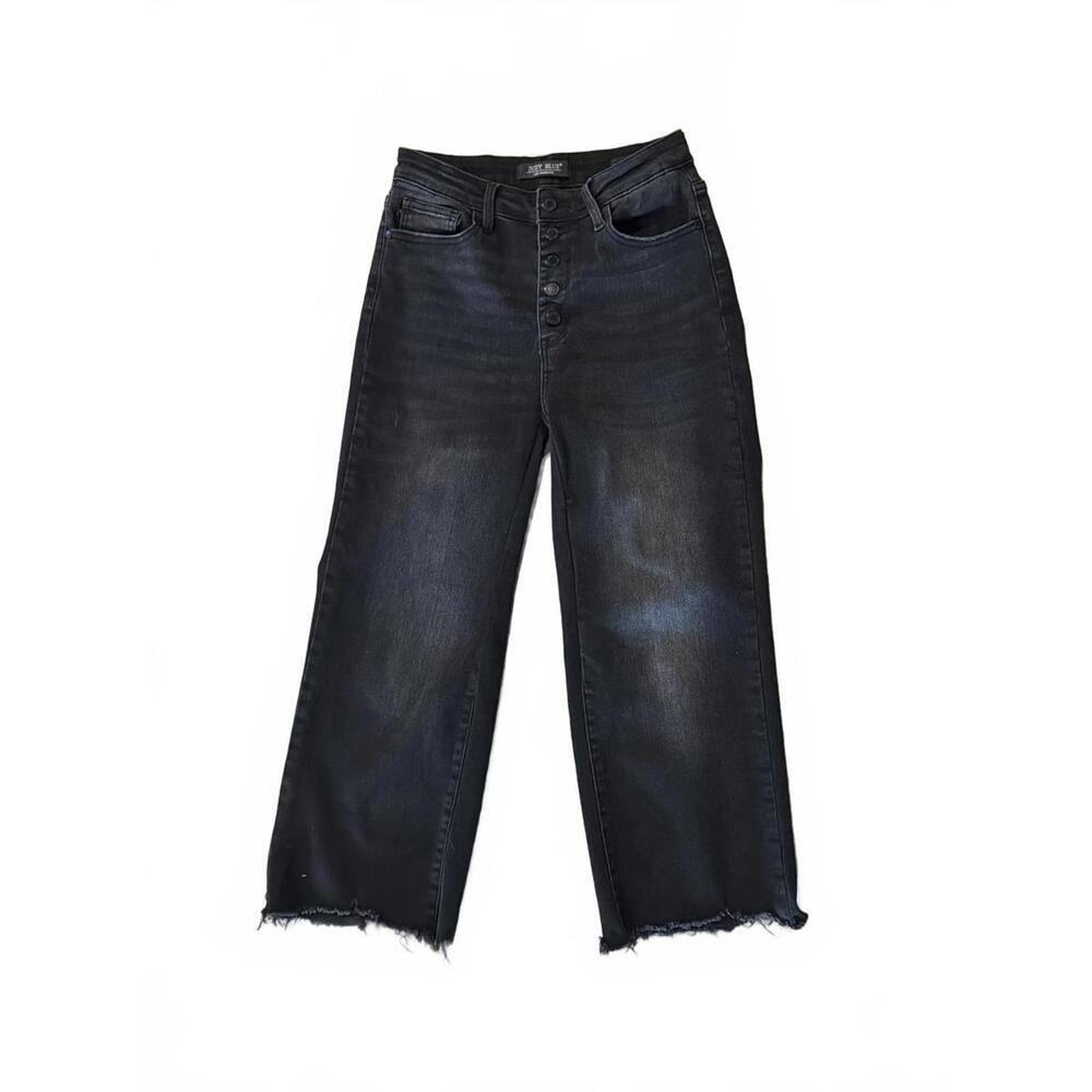 Judy Blue Wide Crop Black Button Fly Jeans With Raw Hems - Size 7/28